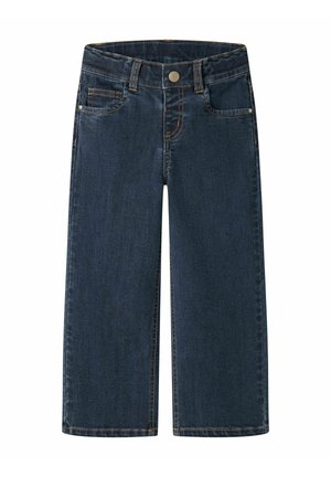 Mørkeblå jeans med brede ben, frontknap, bæltestropper og fem lommer, vist mod en hvid baggrund.