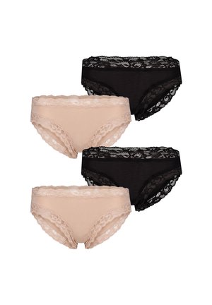 To par sorte og to par beige blonderbikinibukser til kvinder arrangeret på en hvid baggrund.