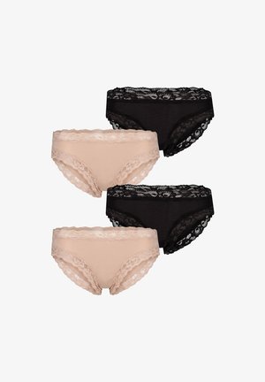 Kaksi paria mustia ja kaksi paria beige pitsireunuksella varustettuja naisten bikinitripaleita aseteltuna valkoiselle taustalle.