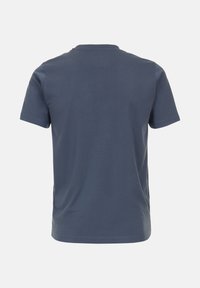 T-shirt corto a maniche corte blu scuro, mostrato da dietro su uno sfondo bianco.