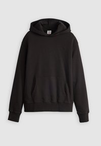 Sudadera negra de algodón con bolsillo frontal, capucha ajustable con cordones y logo "Levi's" en relieve en el pecho. Textura suave.