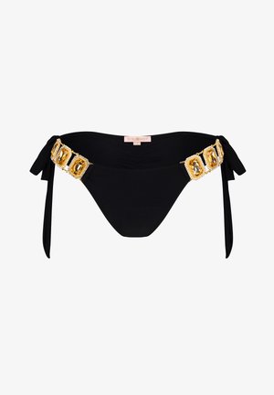Black swim bottom with tie-side straps, featuring a gold-tone decorative belt with large clear crystals and textured accents.