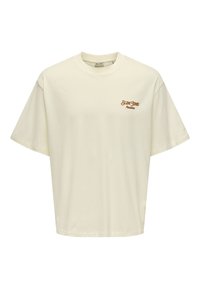 Kortærmet, oversized t-shirt i cremefarvet, lavet af bomuld. Har "SLIM JIMS Panama" broderet i brun på venstre bryst.