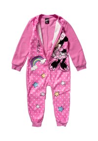 Vaatehaalari vaaleanpunaisesta fleecestä, jossa pitkät hihat ja jossa on pallokuosia, sateenkaaria ja tähden kuvioita. Edessä vetoketjukiinnitys; värikäs Minnie Mouse -design.