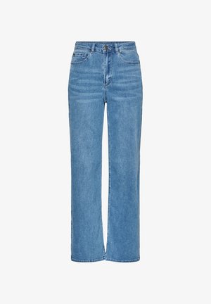 Jean droit taille haute bleu clair en denim, doté de cinq poches et d'une fermeture avant à boutons avec quincaillerie métallique.