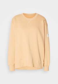 Sweat-shirt beige à manches longues et col rond avec poignets et ourlet côtelés, avec une petite étiquette blanche sur la manche gauche.