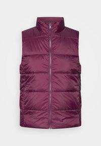Kamizelka puchowa w ciemnym bordowym kolorze, z wysokim kołnierzem i zamkiem z przodu. Gładki, błyszczący materiał z poziomym wzorem pikowania. Bez rękawów.