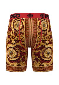 Red and gold patterned boxer briefs featuring intricate designs, a black waistband with "PSD" logo, and smooth fabric texture.