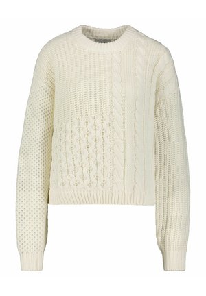 Cremefarbener Strickpullover mit gemischten Zopf- und Strukturstrickmustern, langen Ärmeln sowie gerippten Bündchen und Saum.