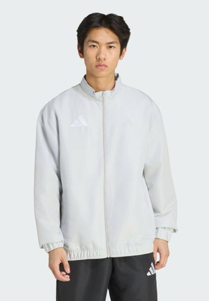 Jonge man met een lichtgrijs jack met rits en zwarte Adidas broek, staand en recht vooruit kijkend tegen een effen achtergrond.