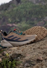 Buty do biegania w terenie GORE-TEX w kolorze brązowym z granatowymi akcentami, z teksturowaną podeszwą i bezpiecznym systemem sznurowania z czerwoną i turkusową detali.