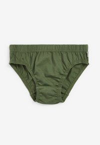 Culotte en coton de couleur olive, style bikini, avec taille élastique, ouvertures de jambes froncées, texture lisse, sans motifs ni accents visibles.