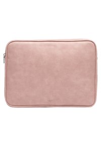 Housse pour ordinateur portable en cuir rose avec une texture lisse, fermeture éclair et design minimaliste. Présente un logo discret au centre en bas.