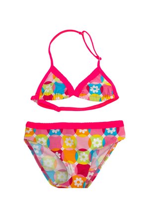 Różowy zestaw bikini z trójkątnym stanikiem i majteczkami. Materiał zdobiony kolorowymi kwiatowymi wzorami z okrągłymi akcentami na różowym tle.