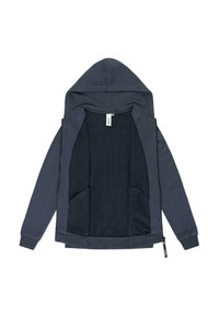 Felpa con cappuccio di colore blu scuro all'esterno e interna morbida foderata in pile. Presenta tasche frontali e chiusura con cerniera.