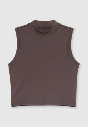 Brun sleeveless topp med høy hals, laget av et glatt stoff. Har rene kanter og subtil sømdetalj langs sømmene.