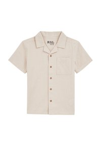 Camicia a maniche corte con bottoni di colore beige e strisce verticali marrone chiaro. Dotata di tasca sul petto e bottoni in legno. Realizzata in un tessuto testurizzato.