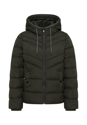Chaqueta de plumas verde con cremallera frontal, capucha y detalles con cordones. Presenta un patrón de acolchado en forma de chevrón y dos bolsillos laterales con botón a presión.