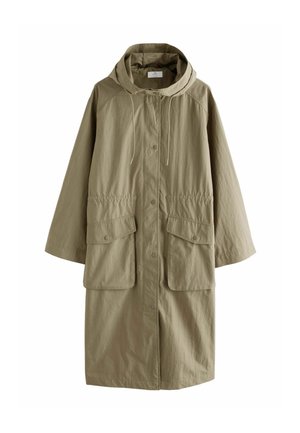 Long manteau à capuche kaki avec boutons-pression à l'avant, taille ajustable et deux grandes poches à rabat avec fermetures à pression.