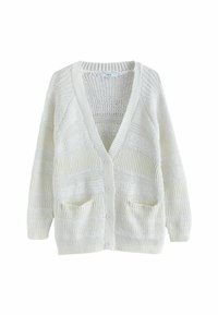 Cardigan blanc en tricot avec un col en V, fermeture à boutons et deux poches avant. Présente des motifs texturés avec des designs de points variés.