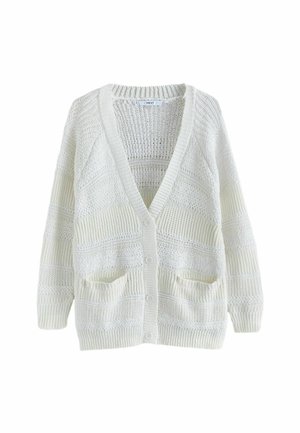 Cardigan blanc en tricot avec un col en V, fermeture à boutons et deux poches avant. Présente des motifs texturés avec des designs de points variés.