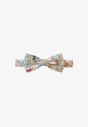 Floral-patterned bow tie featuring a light gray background with colorful flowers and butterflies. Fabric has a smooth texture.