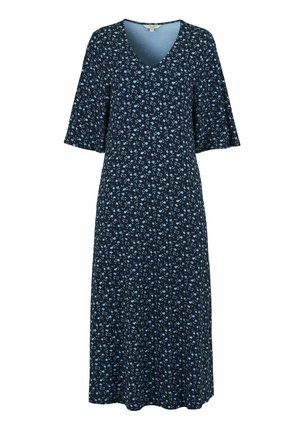 Donkerblauwe midi-jurk met lichtblauwe bloemenprint, V-hals en uitlopende mouwen tot aan de elleboog.