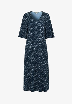 Donkerblauwe midi-jurk met lichtblauwe bloemenprint, V-hals en uitlopende mouwen tot aan de elleboog.