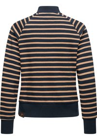 Randig sweatshirt med marinblå och beigea horisontella ränder. Har hög krage, ribbade muddar och ribbad fåll. Tillverkad av mjukt tyg.