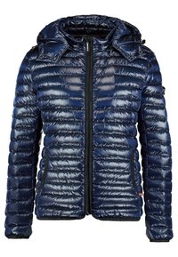 Navy puffer jacket with a glossy finish, quilted design, zippered front, removable hood, and two side pockets. Textured fabric accents.