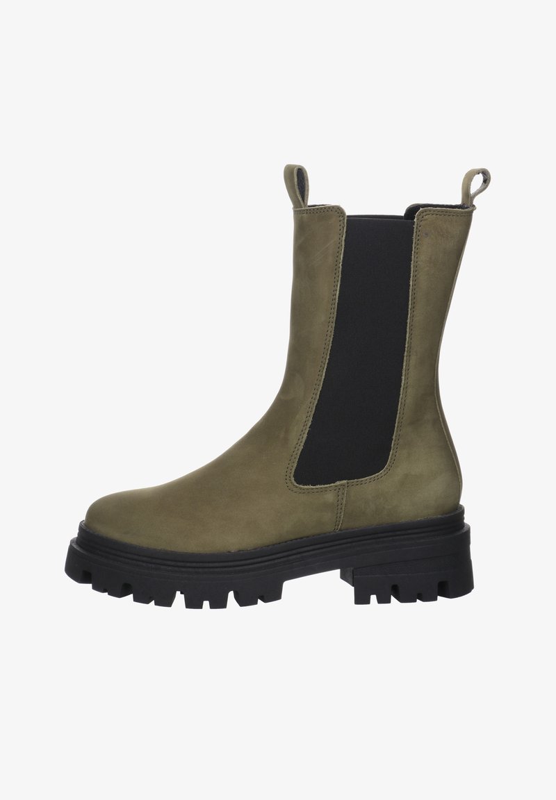 Bottine Chelsea vert olive mi-mollet avec panneau latéral élastique noir et semelle extérieure noire épaisse à crampons, équipée de languettes de tirage à l'avant et à l'arrière.