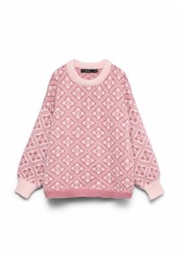 Pull en tricot rose à motifs avec un design en diamant, col rond et poignets côtelés. La texture est douce avec un ajustement confortable.