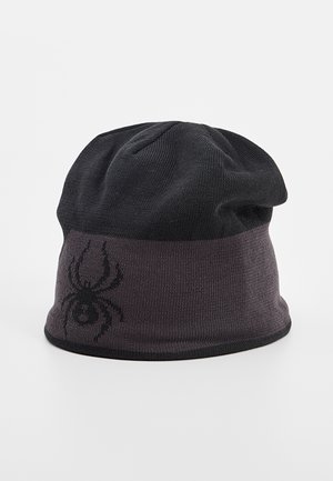 Black knitted beanie with a folded brim. Features a spider graphic in dark gray on the front, soft texture, and a simple, rounded shape.