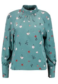 Blusa teal con motivo floreale, colletto alto e maniche lunghe a sbuffo. Tessuto morbido con dettagli arricciati alle spalle e maniche con polsino.