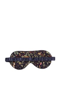 Floral-patterned sleep mask with a dark navy background, featuring a soft, textured surface and a ruffled satin elastic strap.