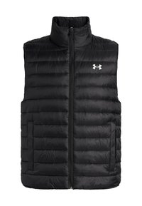 Black quilted sleeveless puffer vest with front zipper, high collar, side pockets, and white Under Armour logo on chest.