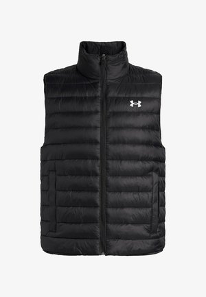 Melna, šūnveida bez piedurknēm puffer veste ar priekšējo rāvējslēdzēju, augstu apkakli, sānu kabatām un baltu Under Armour logotipu uz krūtīm.