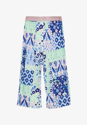 Culottes multicolores avec un design patchwork dans des tons de bleu, de vert et de rose, avec une taille scintillante rose et divers motifs floraux.
