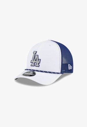 White and blue mesh baseball cap with "LA" logo on front and a New Era logo on the side.