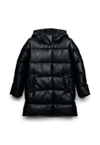 Giacca a vento nera con cappuccio, design trapuntato, due tasche frontali, realizzata in materiale liscio e lucido. Maniche lunghe e lunghezza media.