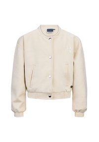Crème-kleurige bomberjack van zachte stof met een ronde kraag, drukknoopsluiting, twee zijzakken en ribgebreide manchetten en zoom. Borduurde logodetail.