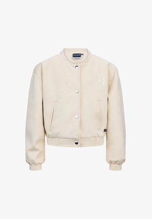 Giacca bomber color crema realizzata in tessuto morbido con colletto rotondo, bottoni a pressione, due tasche laterali e polsini e orlo a coste. Dettaglio del logo ricamato.