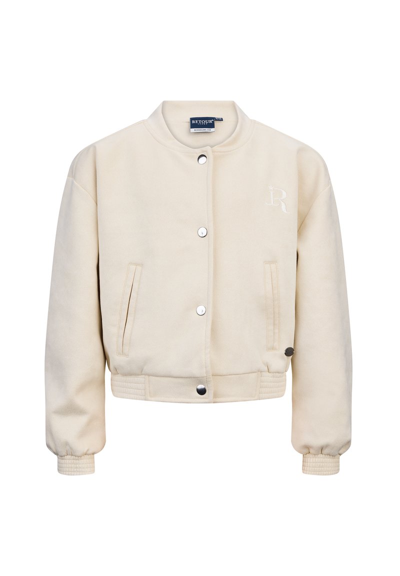 Crème-kleurige bomberjack van zachte stof met een ronde kraag, drukknoopsluiting, twee zijzakken en ribgebreide manchetten en zoom. Borduurde logodetail.