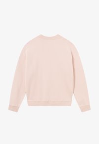 Sweatshirt rose clair avec col rond, manches longues, poignets et ourlet côtelés. Texture douce avec un design simple et sans embellissement.