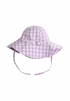 Sonnenhut für Kinder mit breiter Krempe und Kinnriemen, im lila und weißen Gingham-Muster, mit einer kleinen Seitenchleife.