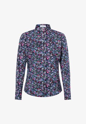 Long-sleeve shirt in dark navy with a floral pattern in pink, purple, and blue. Features a high collar and button-up front. Smooth fabric.