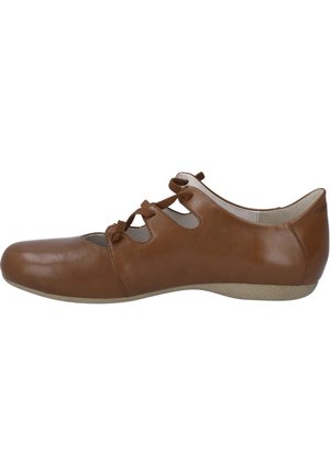 Brown leather shoe with a rounded toe, cut-out design, and lace details. Features a flat sole and soft texture for comfort.