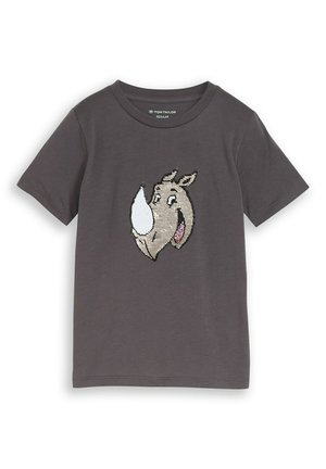 Donkergrijze t-shirt met korte mouwen en een glimlachend cartoonneushoorngezicht van pailletten op het voorste midden.
