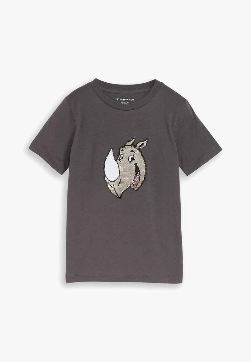 T-shirt gris foncé à manches courtes avec un visage de rhinocéros dessin animé souriant en sequins au centre devant.