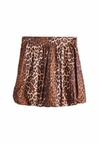 Sukně s leopardím potiskem a nařasenými sklady, v odstínech hnědé a béžové. Vyrobena z hladké látky s elastickým pasem.